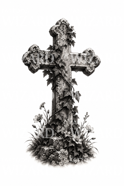 Weathered Stone Cross with Ivy Tattoo Design