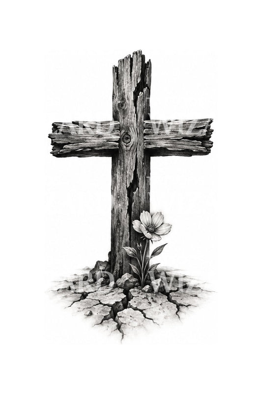 Design tattoo di croce in legno vissuto con fiori di campo