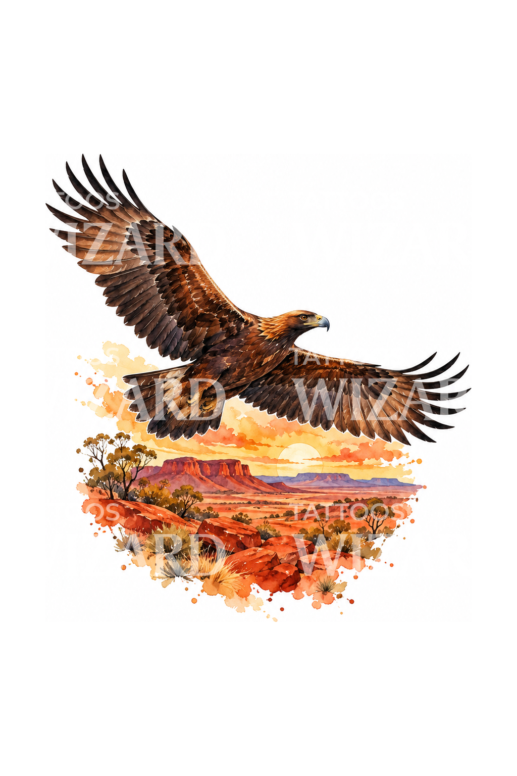Tatuaggio ad acquerello di aquila codacuneata sul deserto rosso