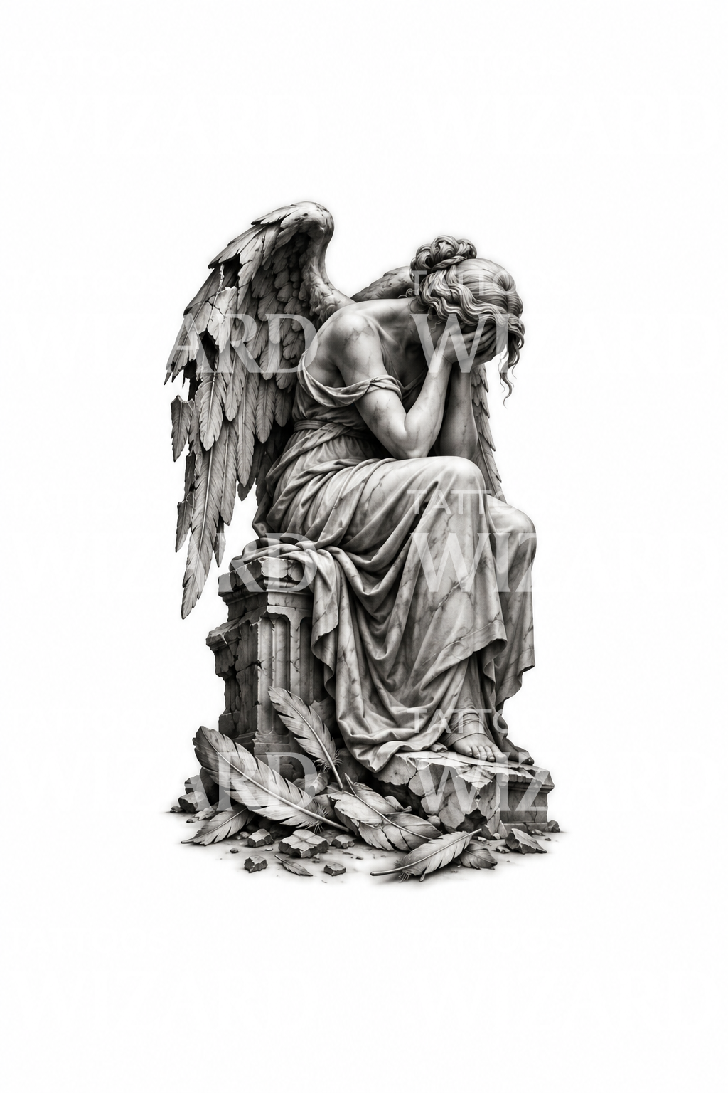 Weinende Statue eines gefallenen Engels mit gebrochenem Flügel, Realismus-Tattoo