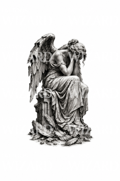 Weinende Statue eines gefallenen Engels mit gebrochenem Flügel, Realismus-Tattoo