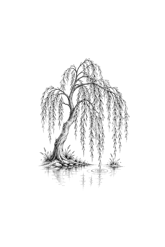 Treurwilg boven een stille vijver, fine line-tatoeage