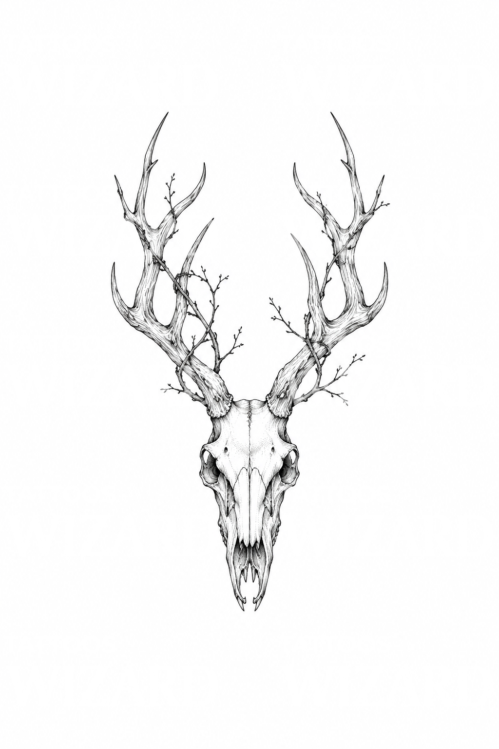 Wendigo Skull with Gnarled Antlers Fine Line Tattoo