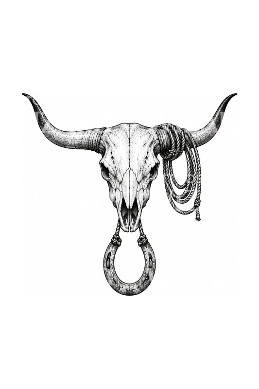 Western Longhorn Steer Skull with Lasso and Horseshoe Tattoo