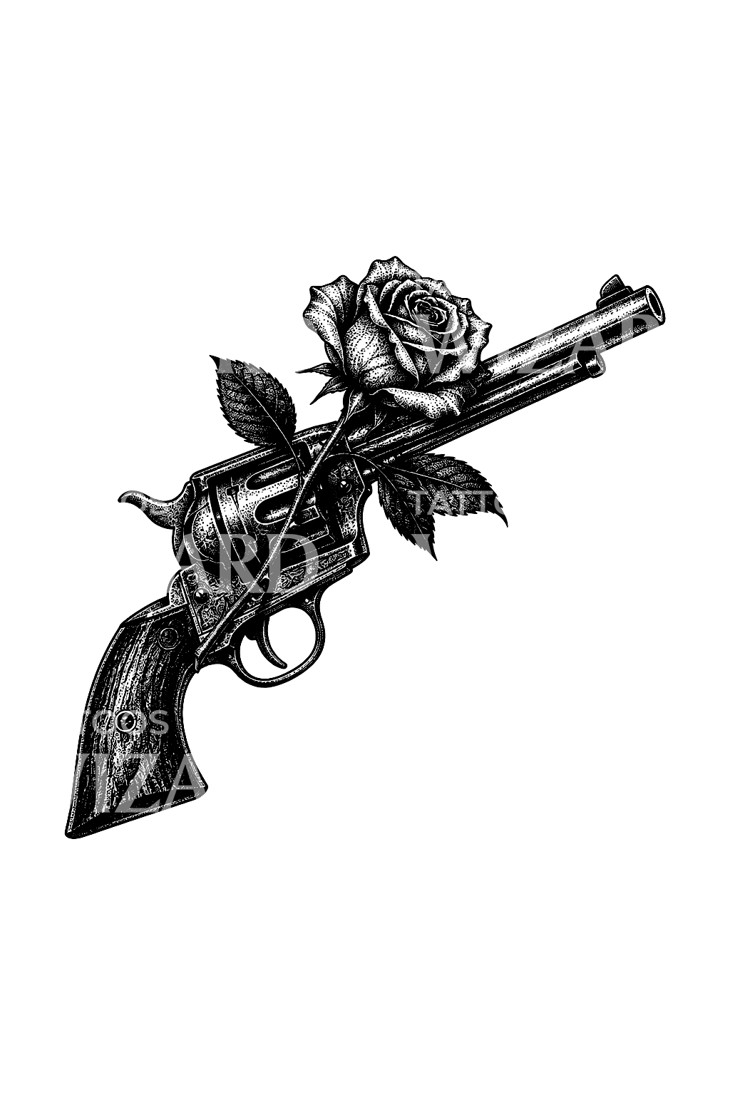 Western revolver rózsával dotwork stílusban, tetoválásötlet