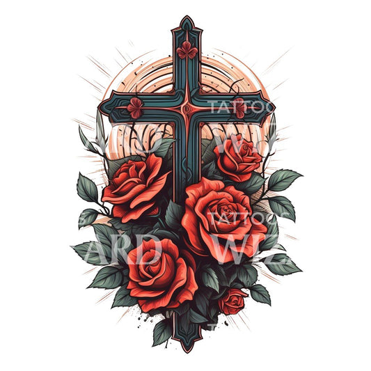 Croix de la vieille école avec conception de tatouage de roses