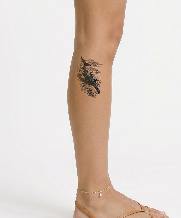 Irezumi-tattoo av dykkende hval med bølger og skyer