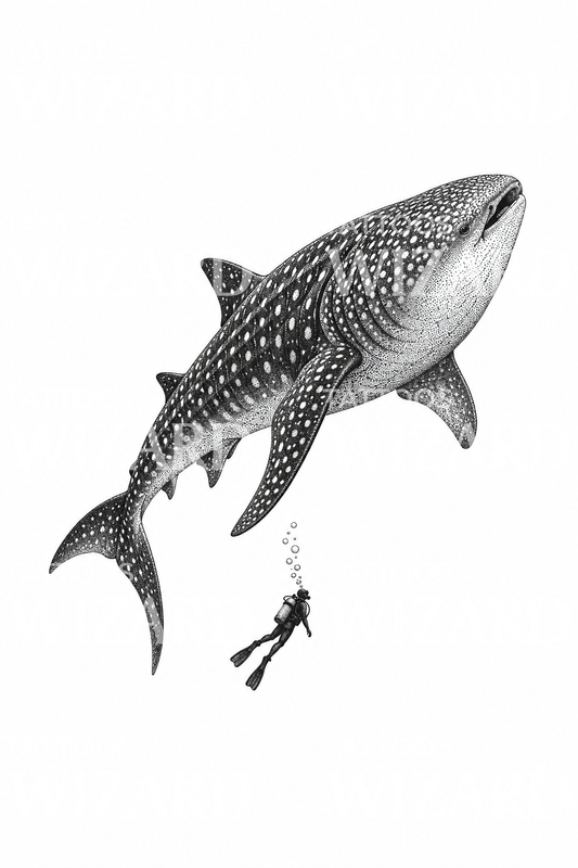 Whale Shark and Diver Dotwork Tattoo Design