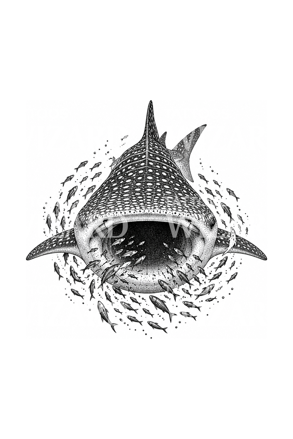 Whale Shark Feeding with School of Fish Dotwork Tattoo