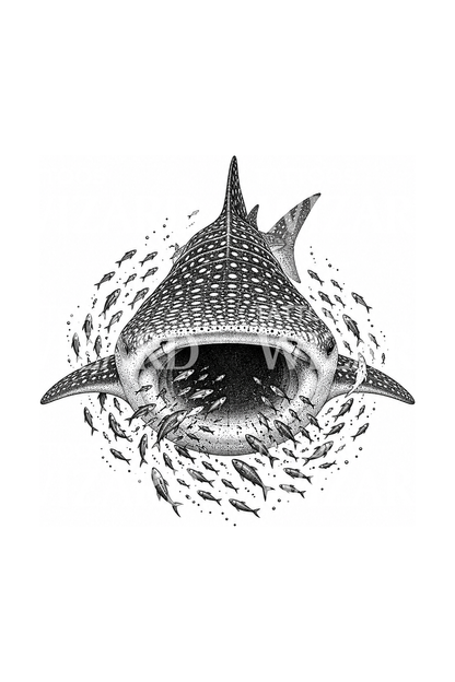 Whale Shark Feeding with School of Fish Dotwork Tattoo