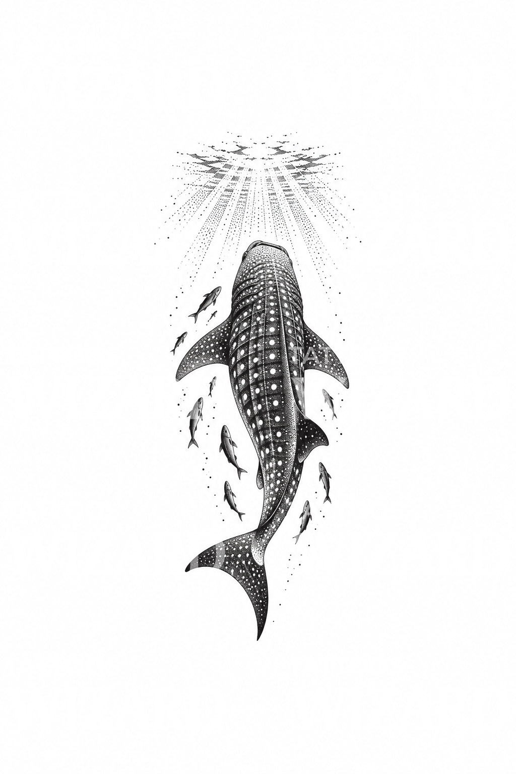 Whale Shark Rising to Sunrays Stipple Tattoo Design