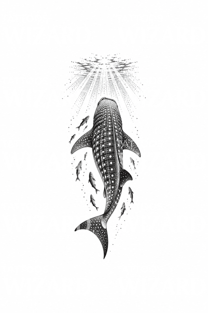 Whale Shark Rising to Sunrays Stipple Tattoo Design
