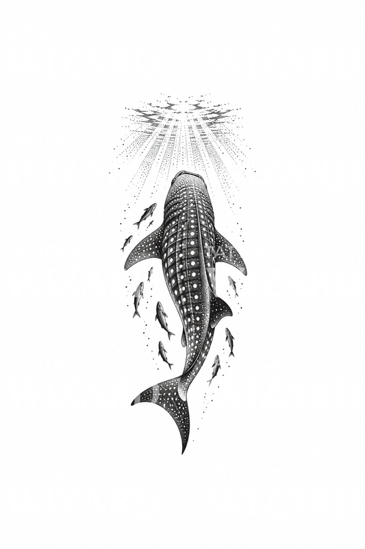 Whale Shark Rising to Sunrays Stipple Tattoo Design