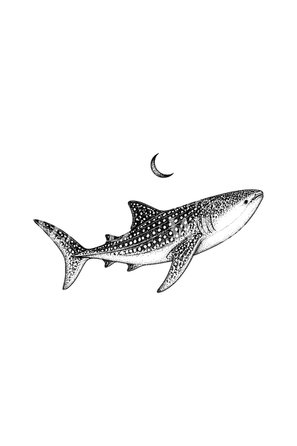 Whale Shark under Crescent Moon Fine Line Tattoo