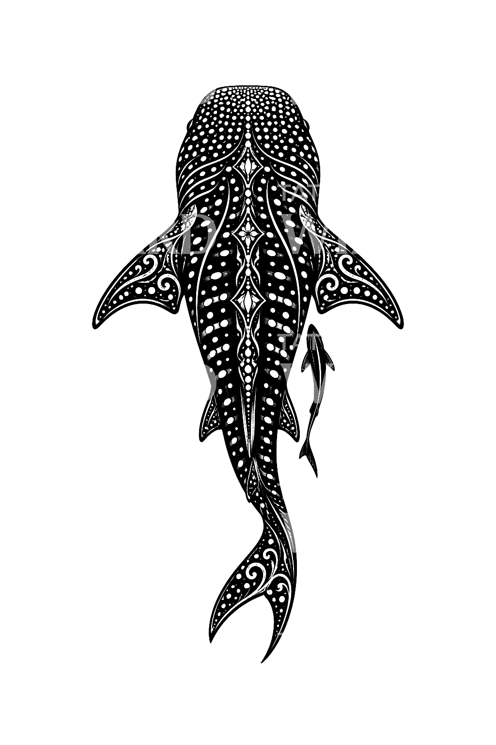 Markantes Blackwork-Tattoo eines Walhais mit Remora