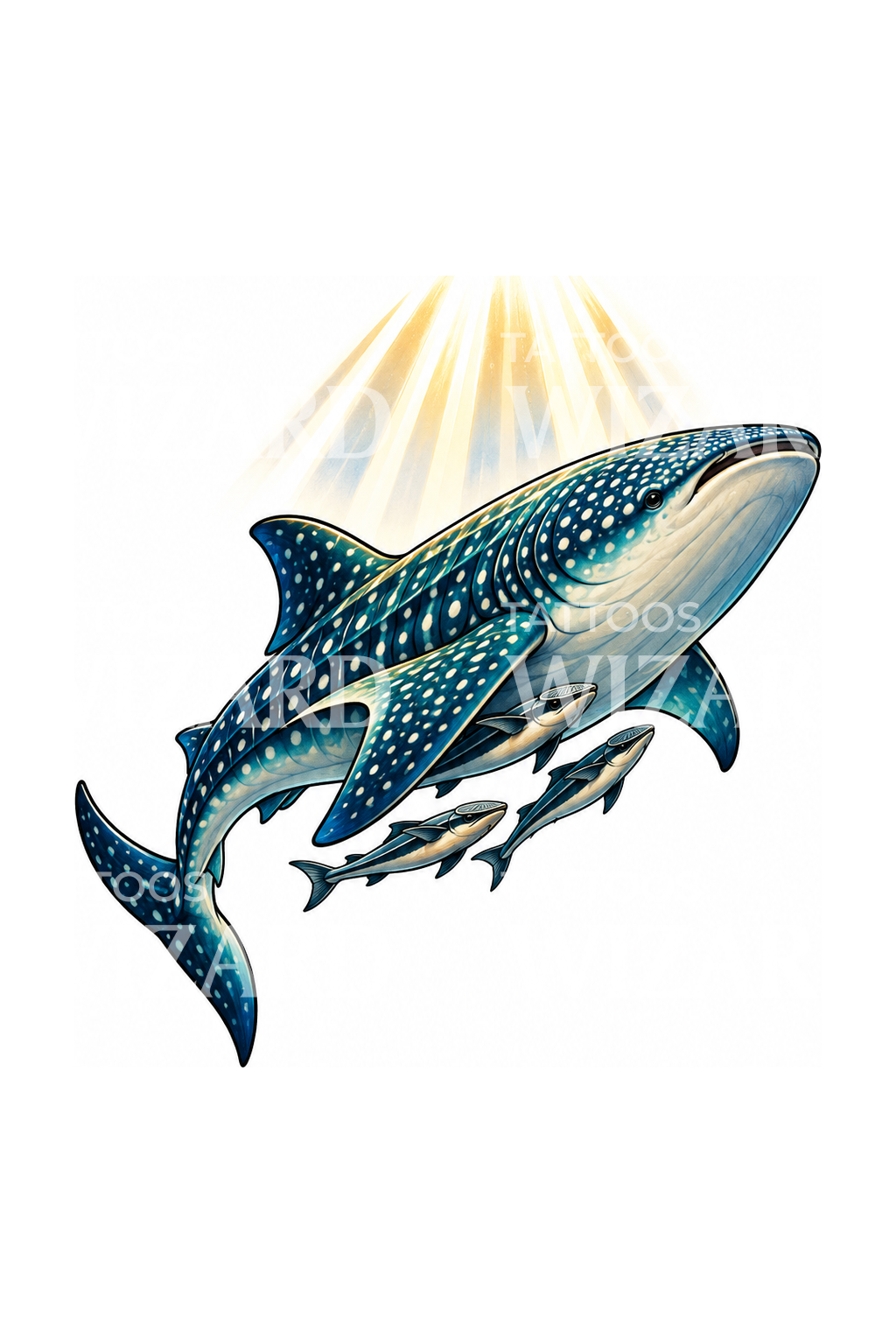 Whale Shark with Remora Fish and Sun Rays Tattoo Idea