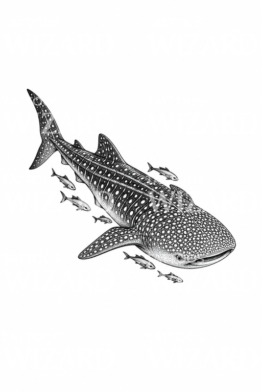 Whale Shark with Small Fish Dotwork Tattoo Illustration