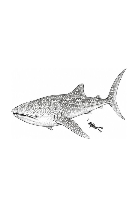 Whale Shark with Tiny Diver Fine Line Tattoo
