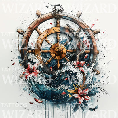Wheel Storm Waves Tattoo Design