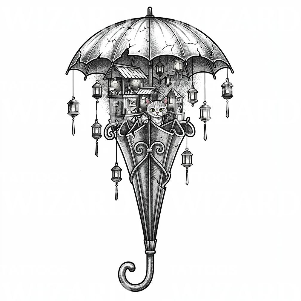 Whimsical Cat Umbrella Tattoo Illustration