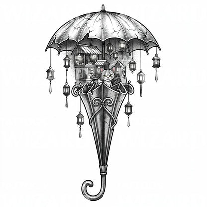 Whimsical Cat Umbrella Tattoo Illustration
