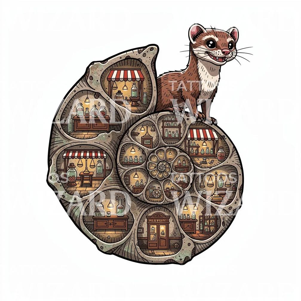 Whimsical Ferret Apothecary Tattoo Design