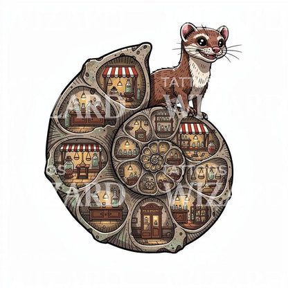 Whimsical Ferret Apothecary Tattoo Design