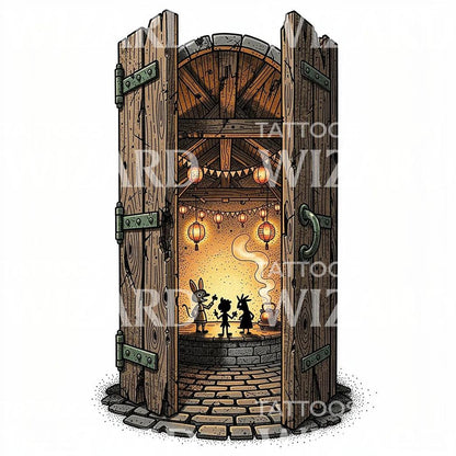 Whimsical Lantern Portal Tattoo Illustration
