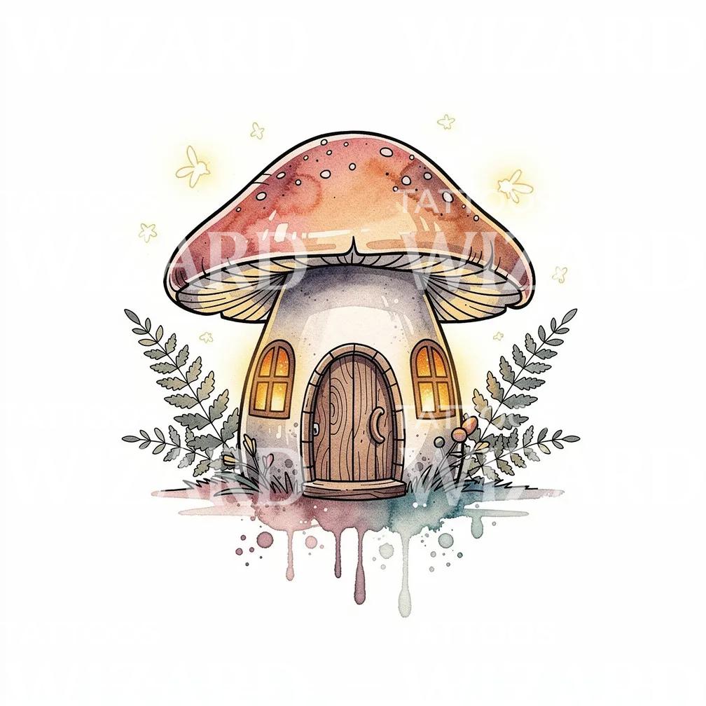 Whimsical Mushroom House Tattoo Design
