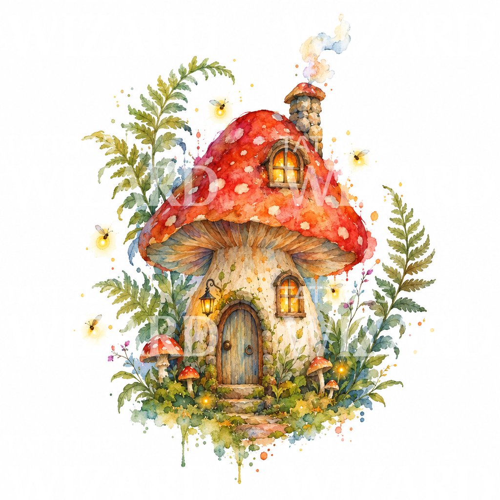 Whimsical Mushroom House Tattoo Illustration