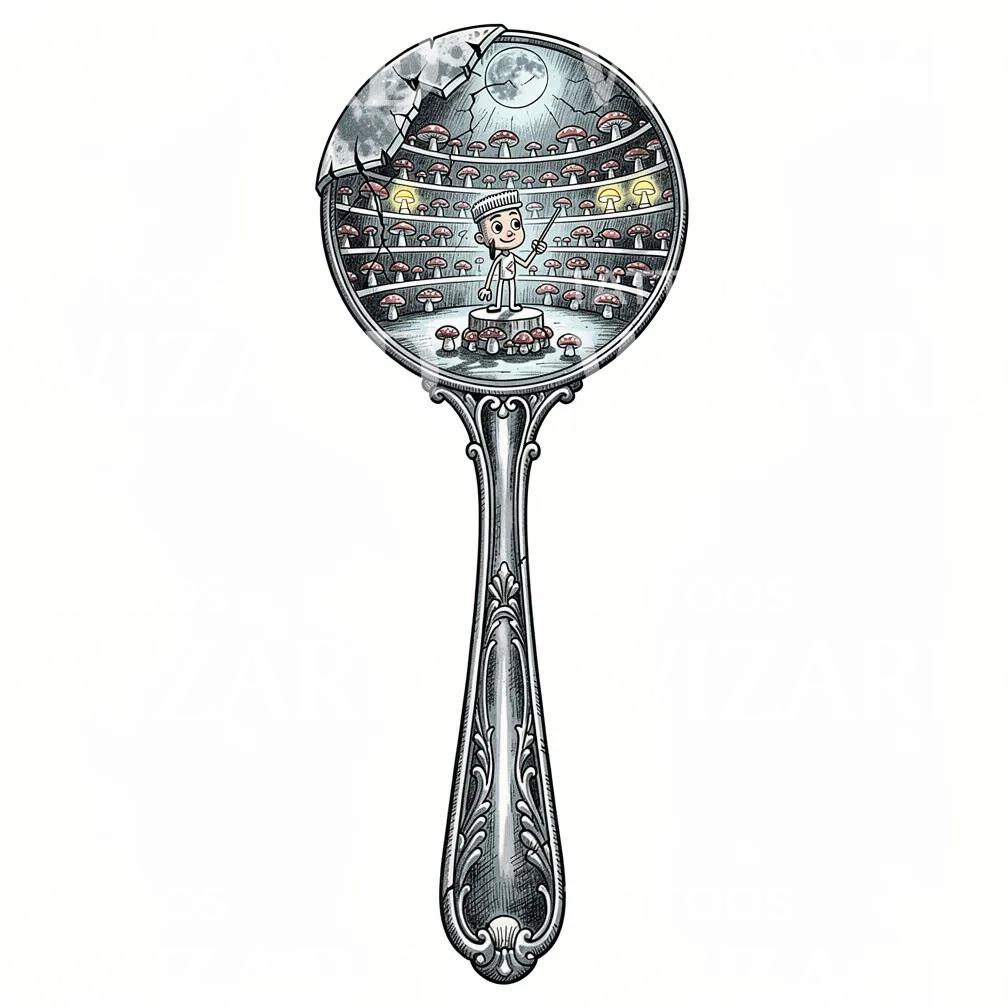 Whimsical Mushroom Mirror Tattoo Illustration