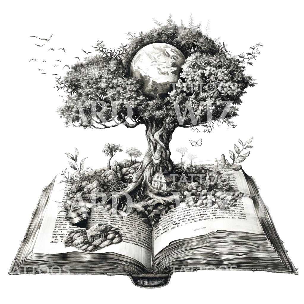 Whimsical Tree and Globe on Book Tattoo Idea