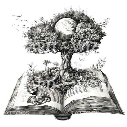 Whimsical Tree and Globe on Book Tattoo Idea