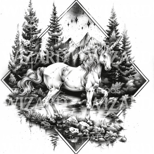 Licorne fantaisiste dans une conception de tatouage de forêt