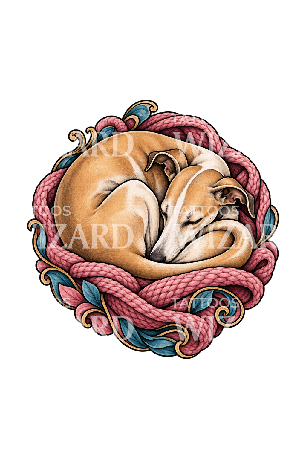 Whippet Curled Asleep in Knitted Blanket Tattoo Design
