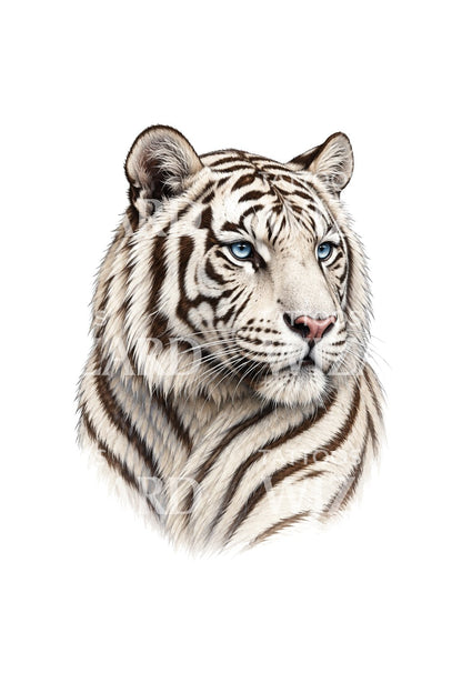 White Bengal Tiger Icy Blue Eyes Tattoo Illustration
