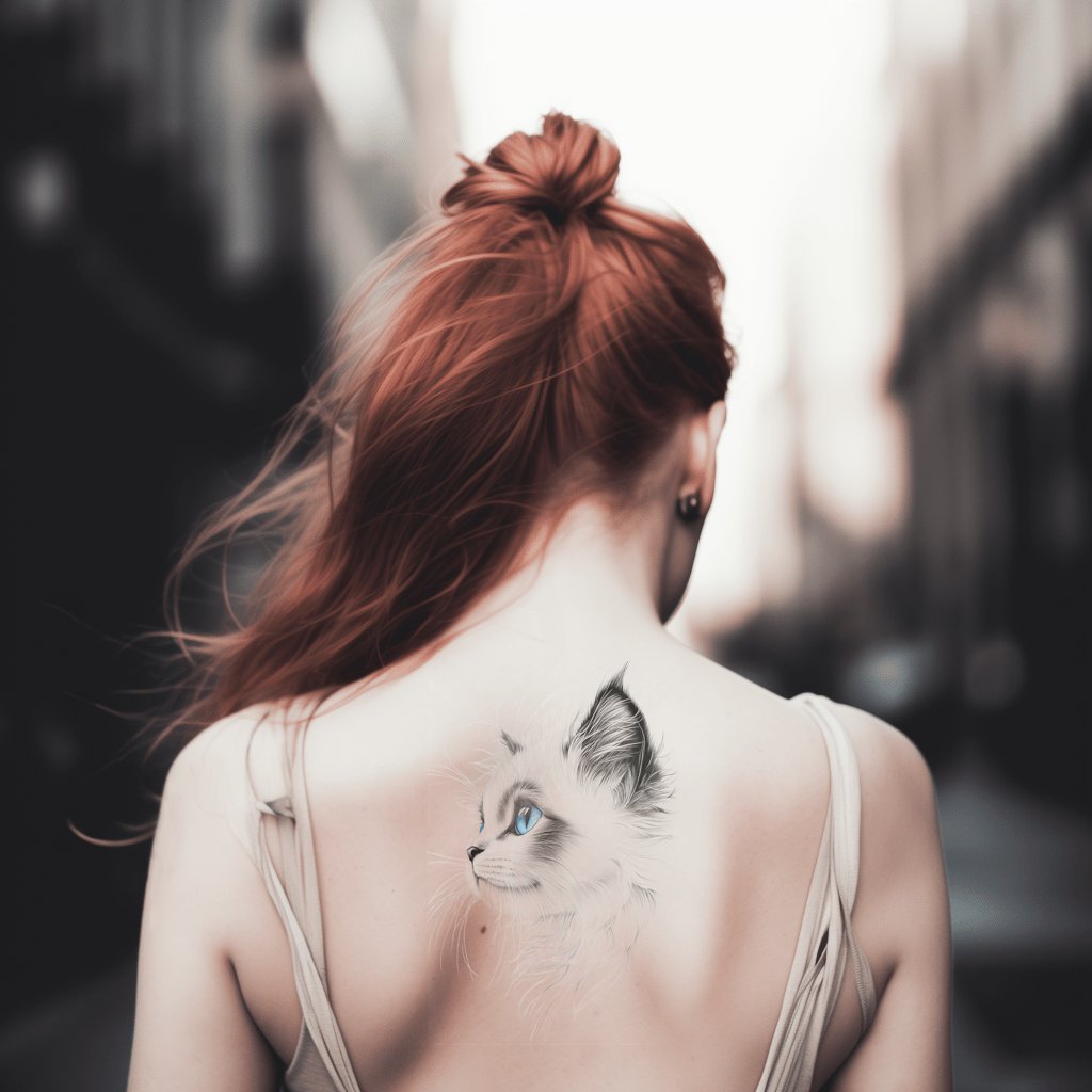 Blue Eyed White Cat Tattoo Illustration