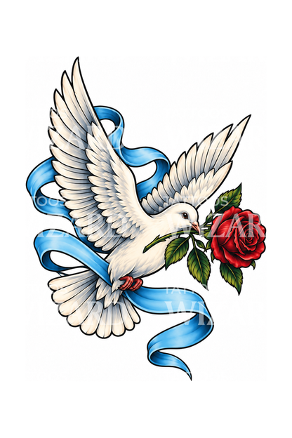 White Dove Carrying Red Rose with Ribbon Tattoo Design