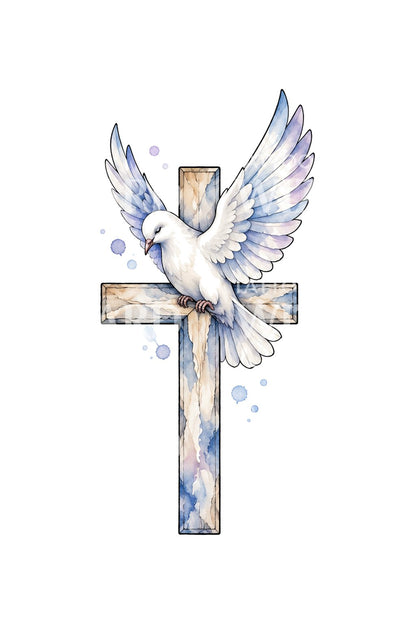 Witte duif op aquarel kruis, tattoo-ontwerp