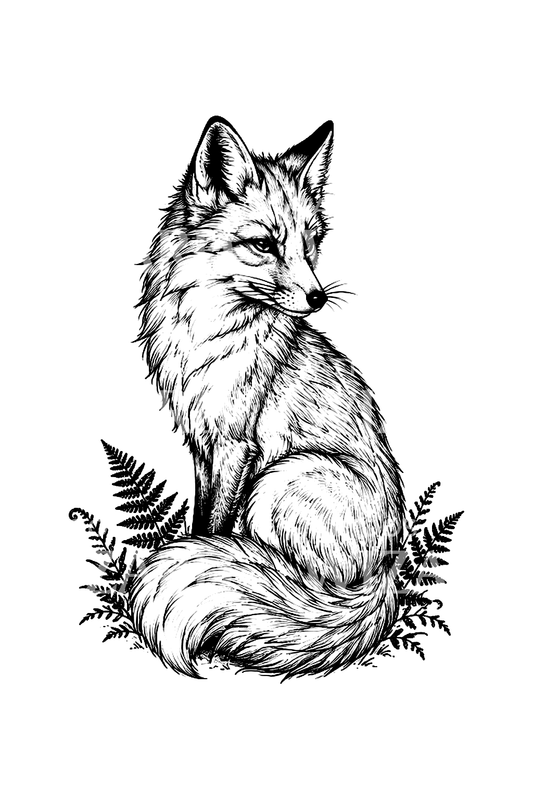 Tatouage fineline de renard blanc avec fougères