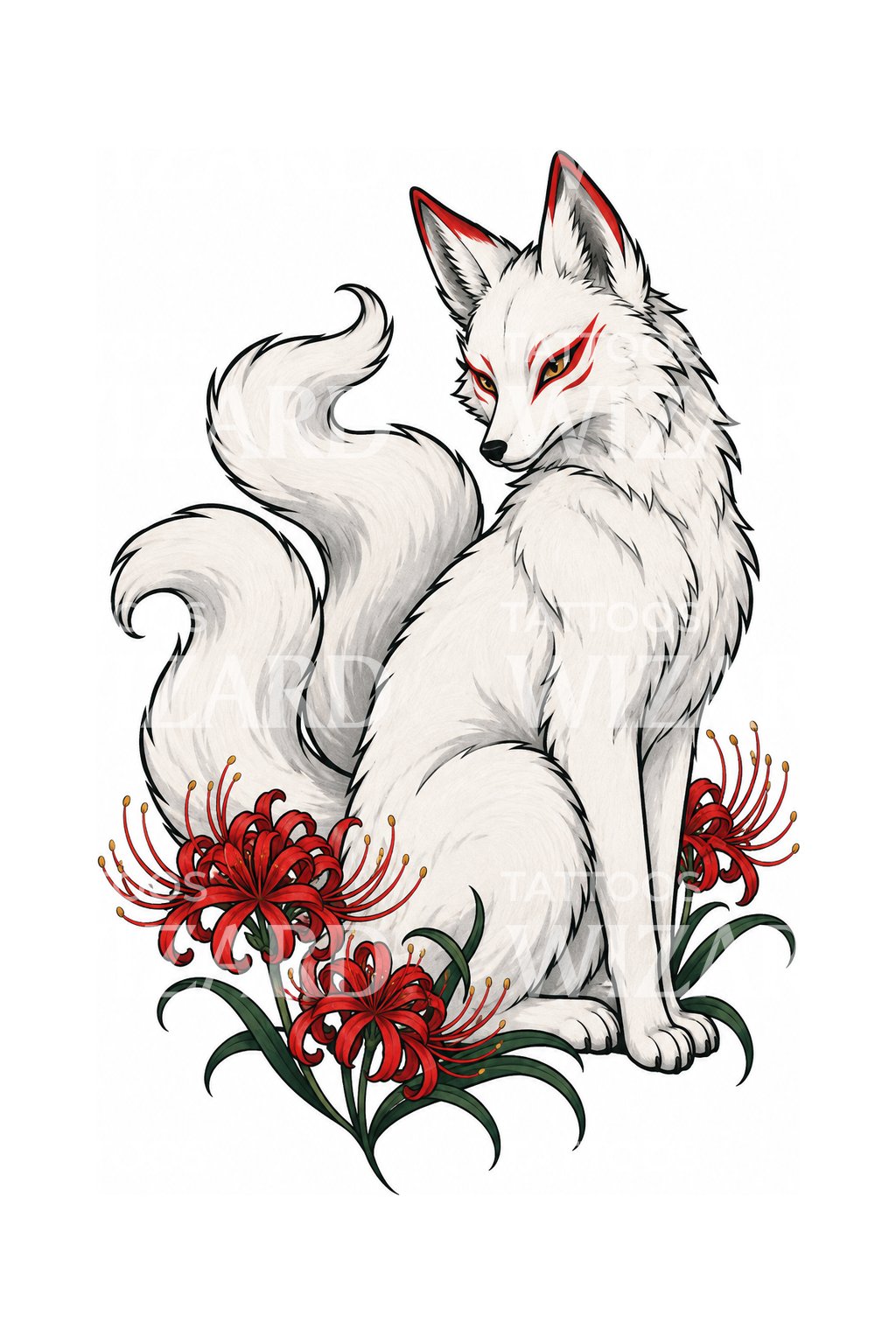 Bílá kitsune s pavoučími liliemi, návrh tetování