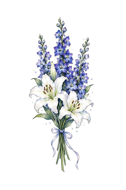 White Lilies with Blue Delphinium Bouquet Tattoo Idea