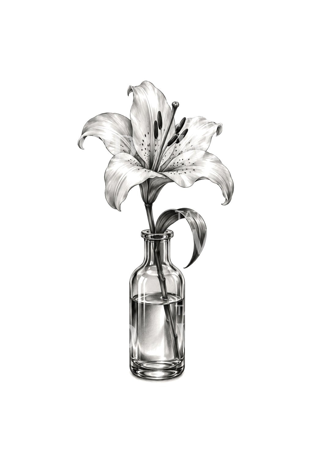 Diseño de tatuaje de lirio blanco en botella de cristal