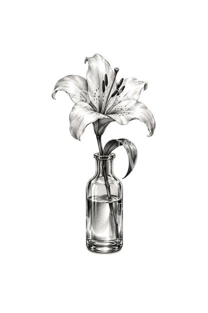 Diseño de tatuaje de lirio blanco en botella de cristal