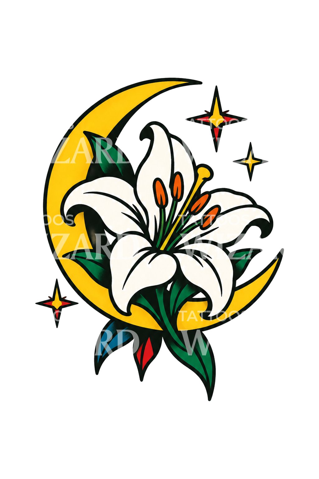 Flash-tatoveringsdesign med hvid lilje i gul månesegl