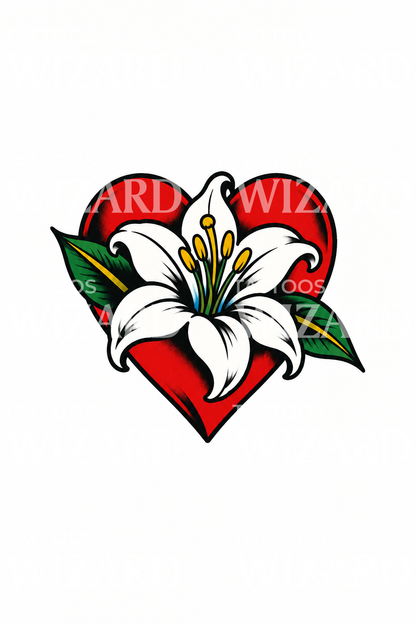 Idea de tatuaje tradicional de lirio blanco sobre corazón rojo