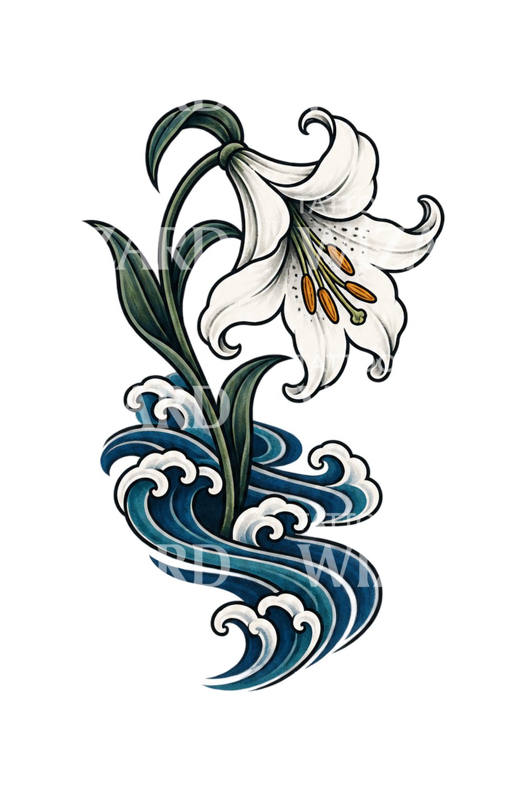 White Lily Over Irezumi Stream Tattoo Illustration