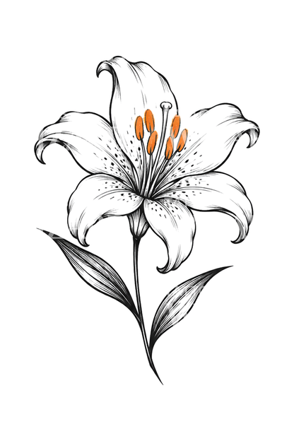 Skicovaná ilustrace tetování bílé lilie s oranžovými prašníky