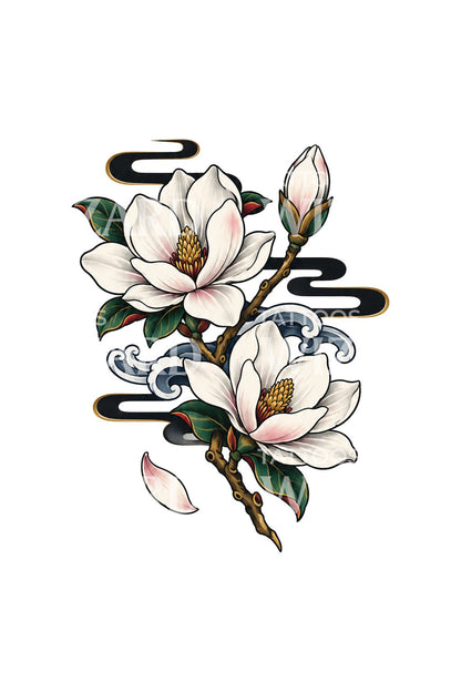 Tatueringsillustration av ett vitt magnoliablad i vinden