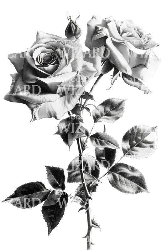 White Roses with Thorns and Leaves